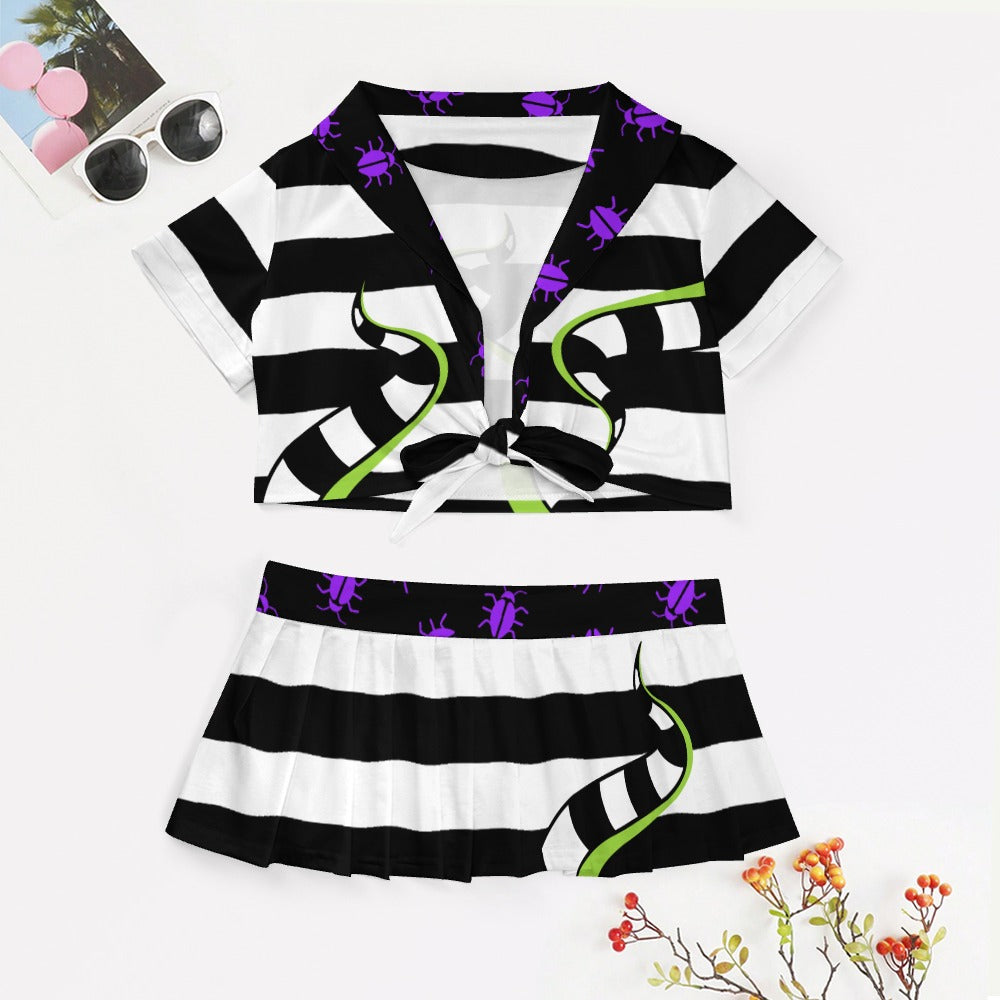 Beetlejuice Cheerleader Set – Striped Crop Top & Pleated Mini Skirt with Bug Graphics