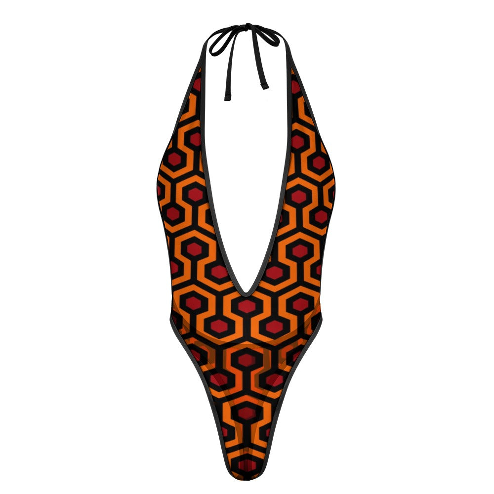 The Shining-Inspired Overlook Hotel Carpet Pattern Deep V Swimsuit – Retro Horror Swimwear