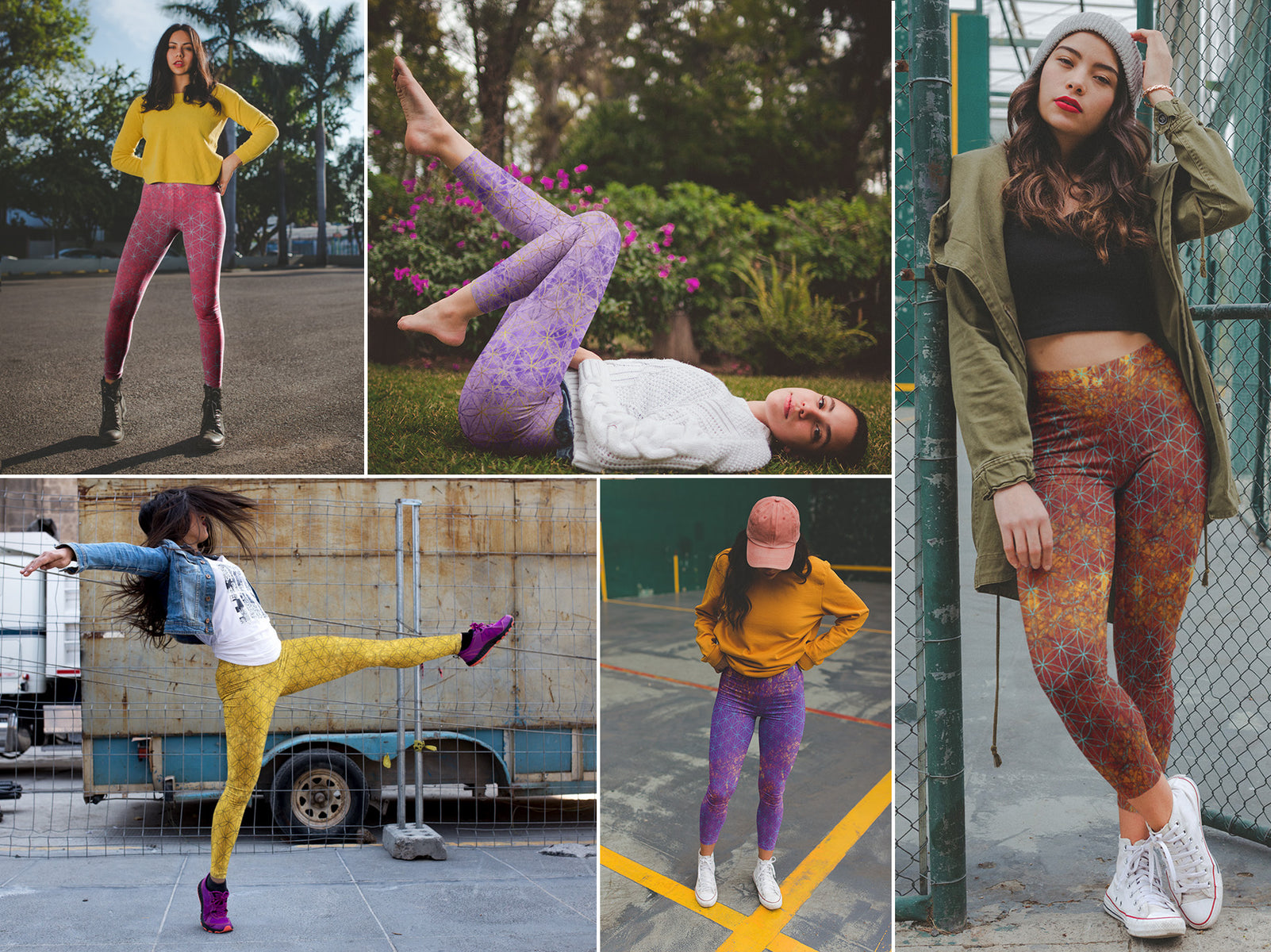 collage of timeelements.shop leggings with sacred geometry pattern - flower of life 