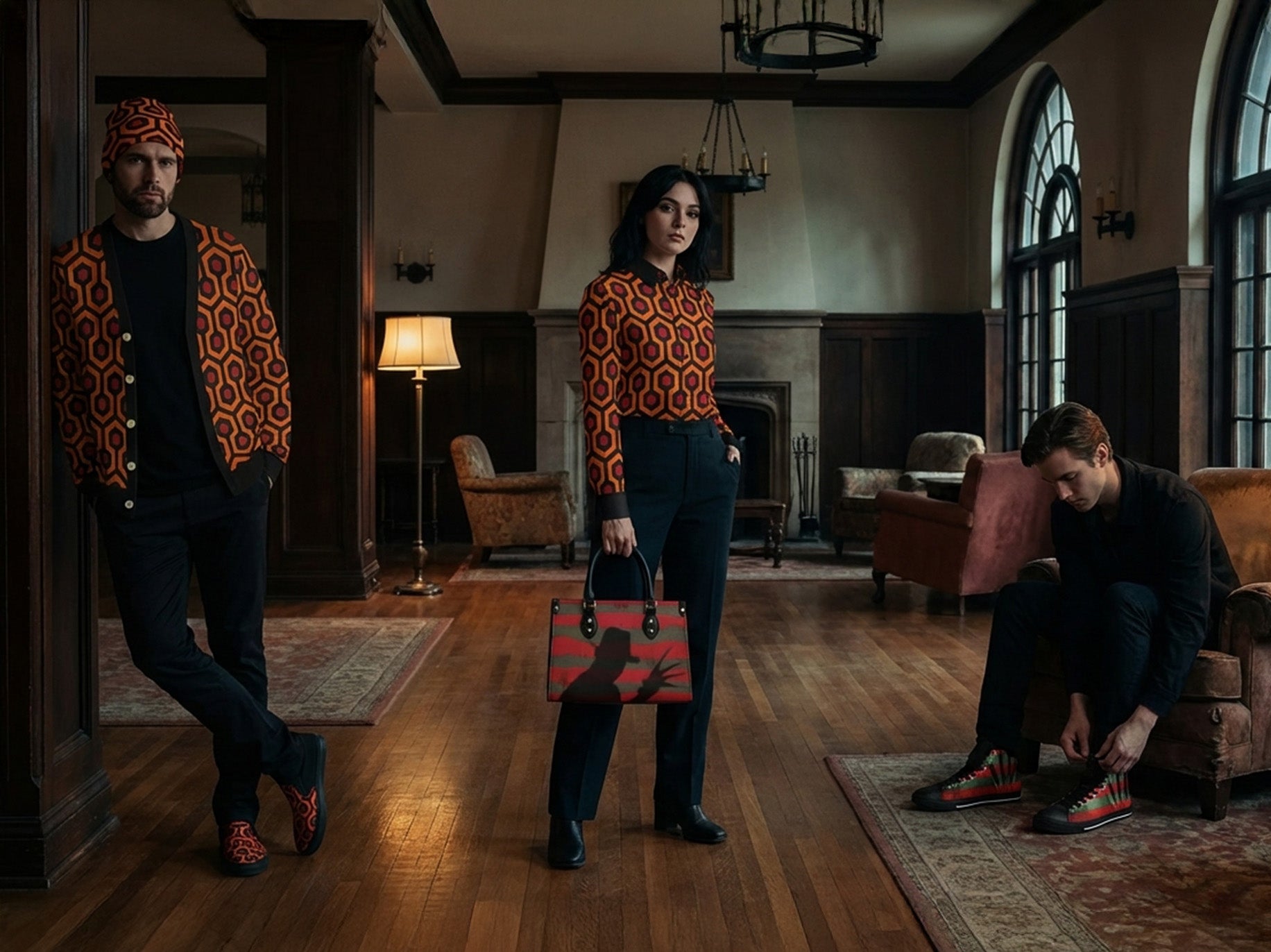 Three people in a room wearing items from the horror icons collection