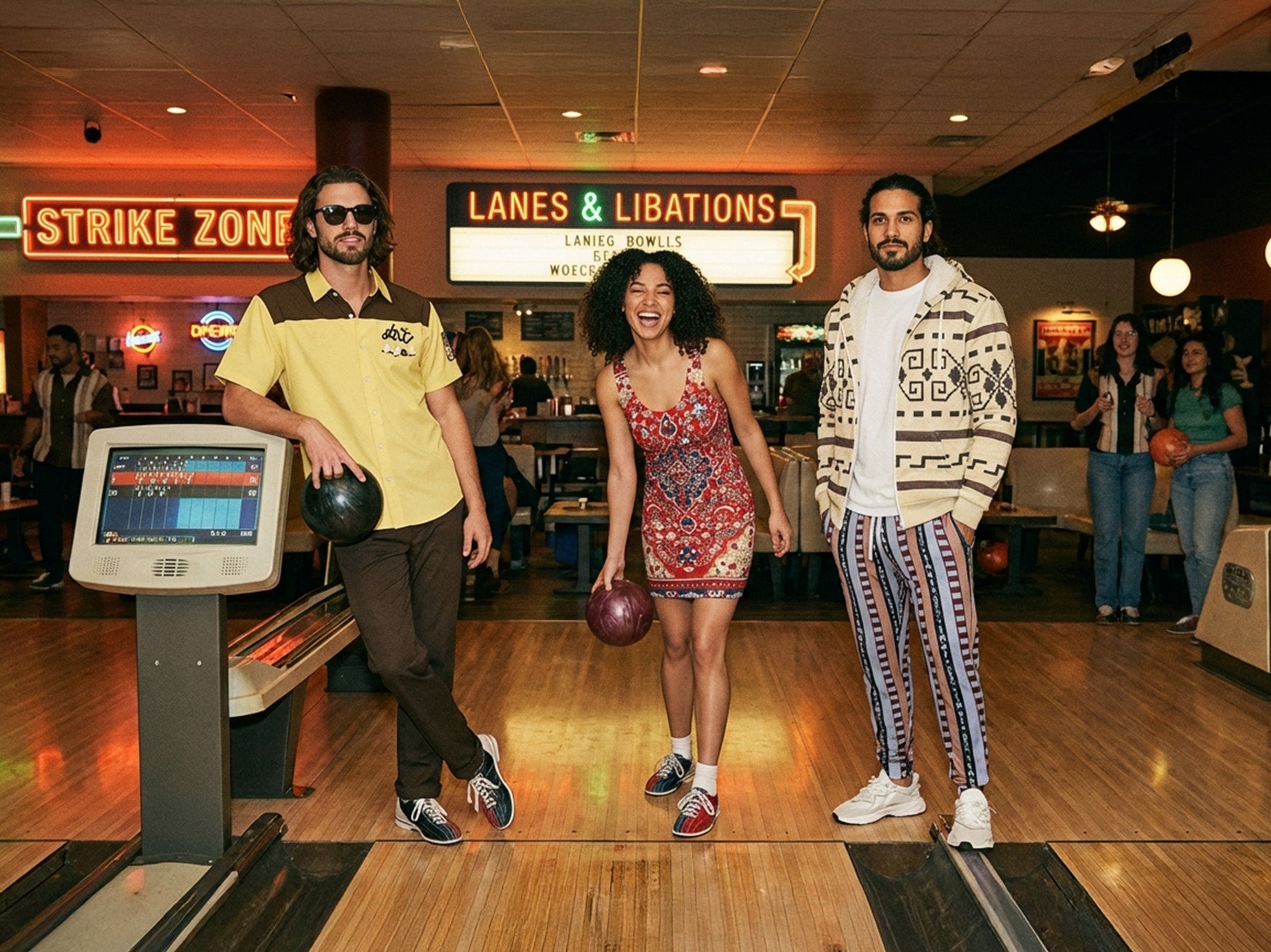 Three people at a bowling alley wearing timeelements.shop Lebowski outfits 