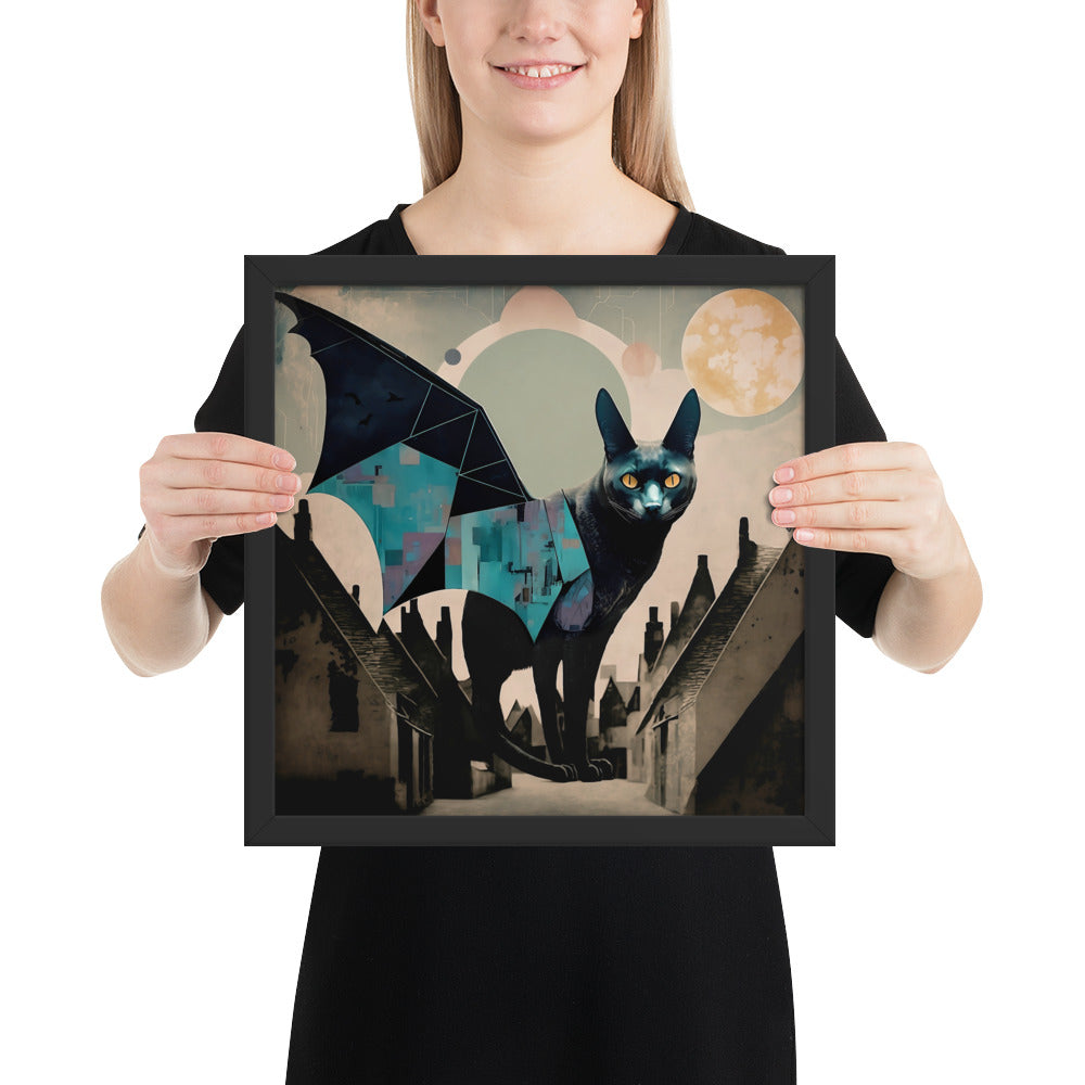 "Batcat Chimera 2/2", A Mystic Feline Fantasy - Art Collage | Framed poster