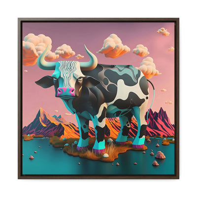 "Bull's Island", Colourful Surreal Bull - Dreamy Landscape | Framed Wall Canvas