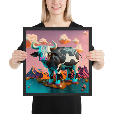 "Bull's Island", Colourful Surreal Bull - Dreamy Landscape | Framed poster