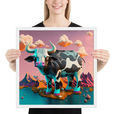 "Bull's Island", Colourful Surreal Bull - Dreamy Landscape | Framed poster