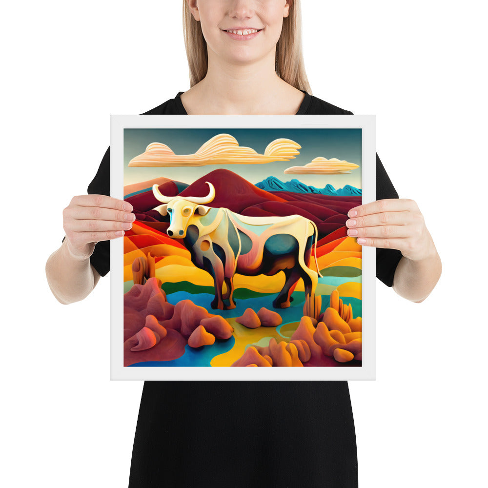 "Cowhide Dream", Colourful Surreal Bull A - Dreamy Landscape Art | Framed poster