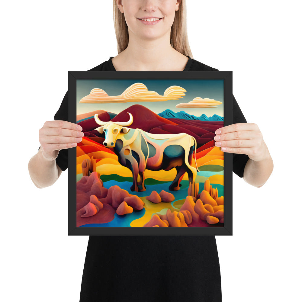 "Cowhide Dream", Colourful Surreal Bull A - Dreamy Landscape Art | Framed poster