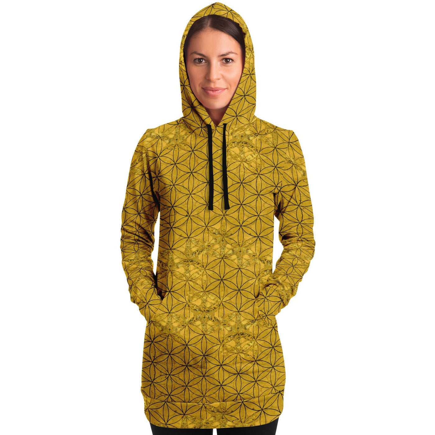 Flower of Life Deep Gold | Sacred Geometry Long Hoodie Dress, XL Flower of Life Deep Gold | Sacred Geometry Long Hoodie Dress, XL
