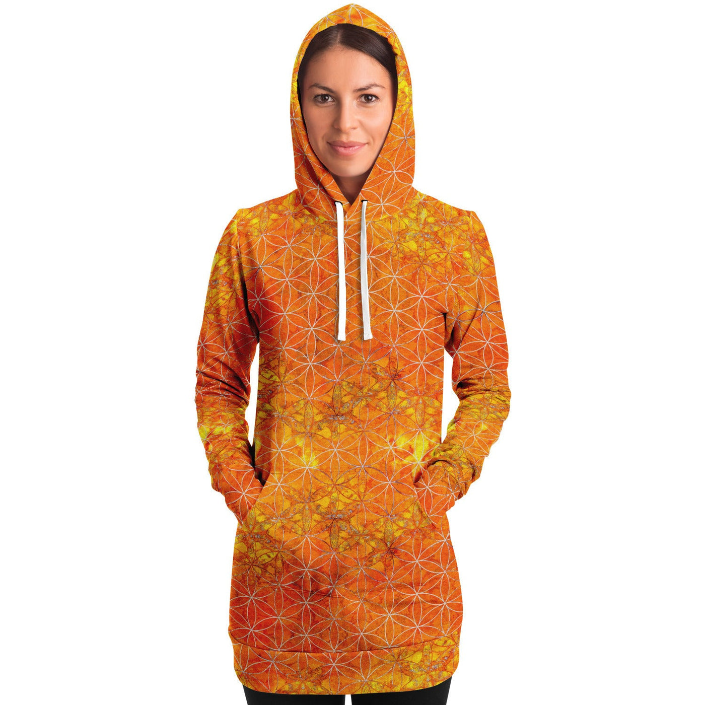 Flower of Life Fiery Orange | Sacred Geometry Long Hoodie Dress