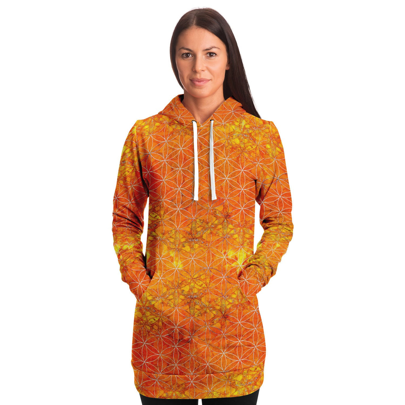 Flower of Life Fiery Orange | Sacred Geometry Long Hoodie Dress