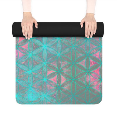 Flower of Life Neon Aqua Pink | Sacred Geometry Rubber Yoga Mat