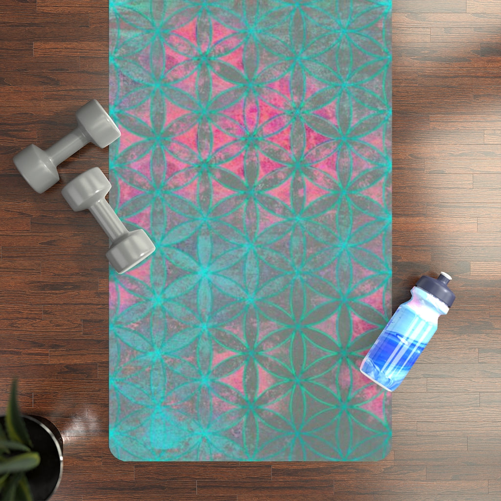 Flower of Life Neon Aqua Pink | Sacred Geometry Rubber Yoga Mat