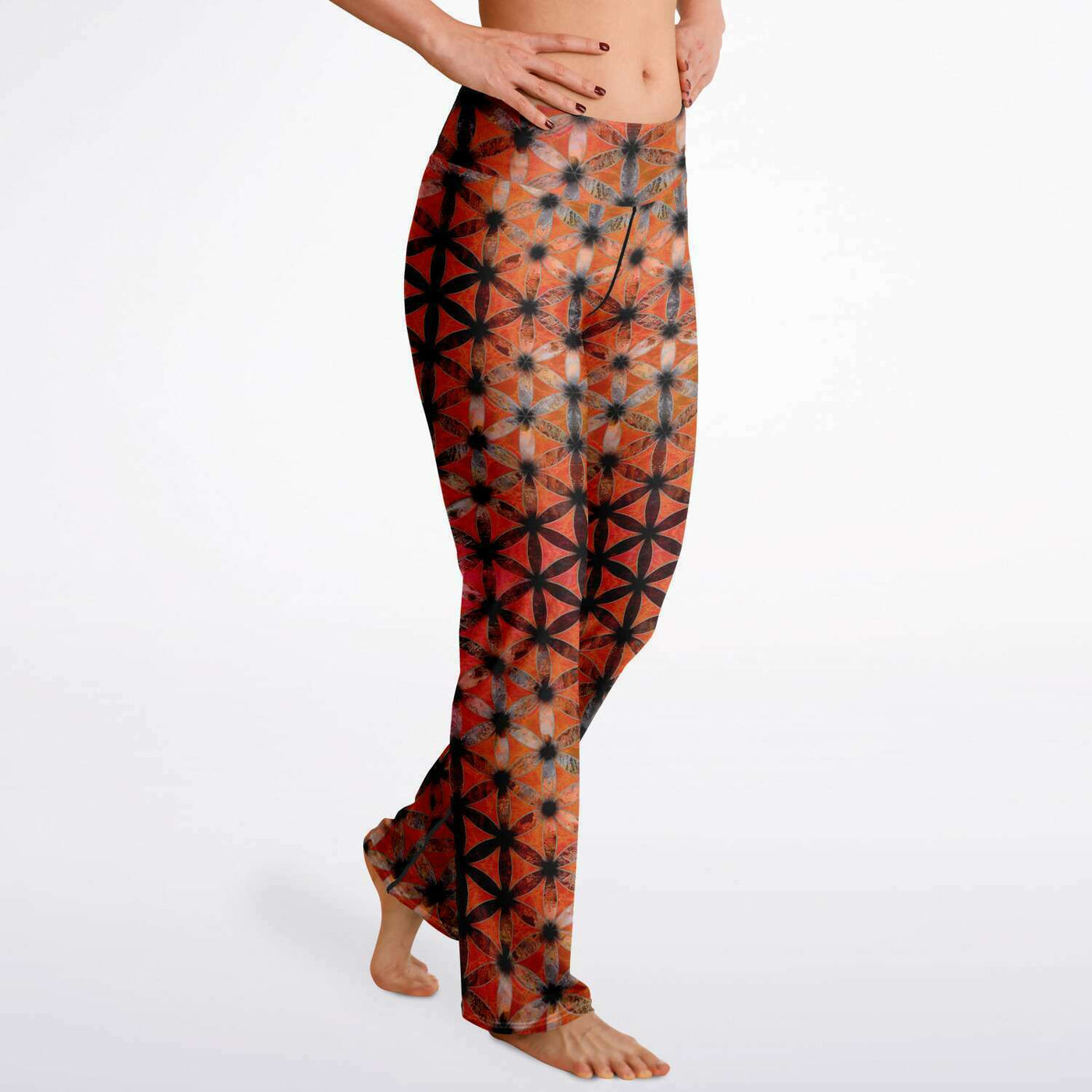 Flower of Life Orange Black | Sacred Geometry Flare Leggings