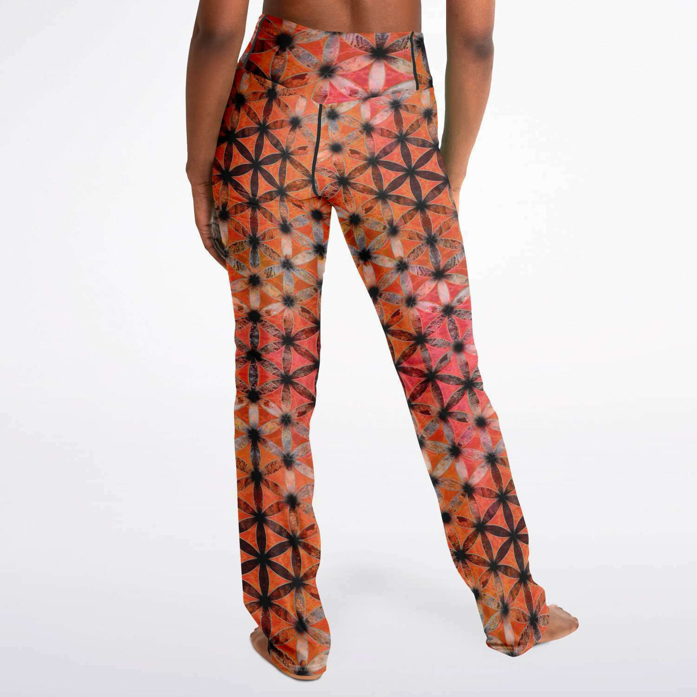 Flower of Life Orange Black | Sacred Geometry Flare Leggings