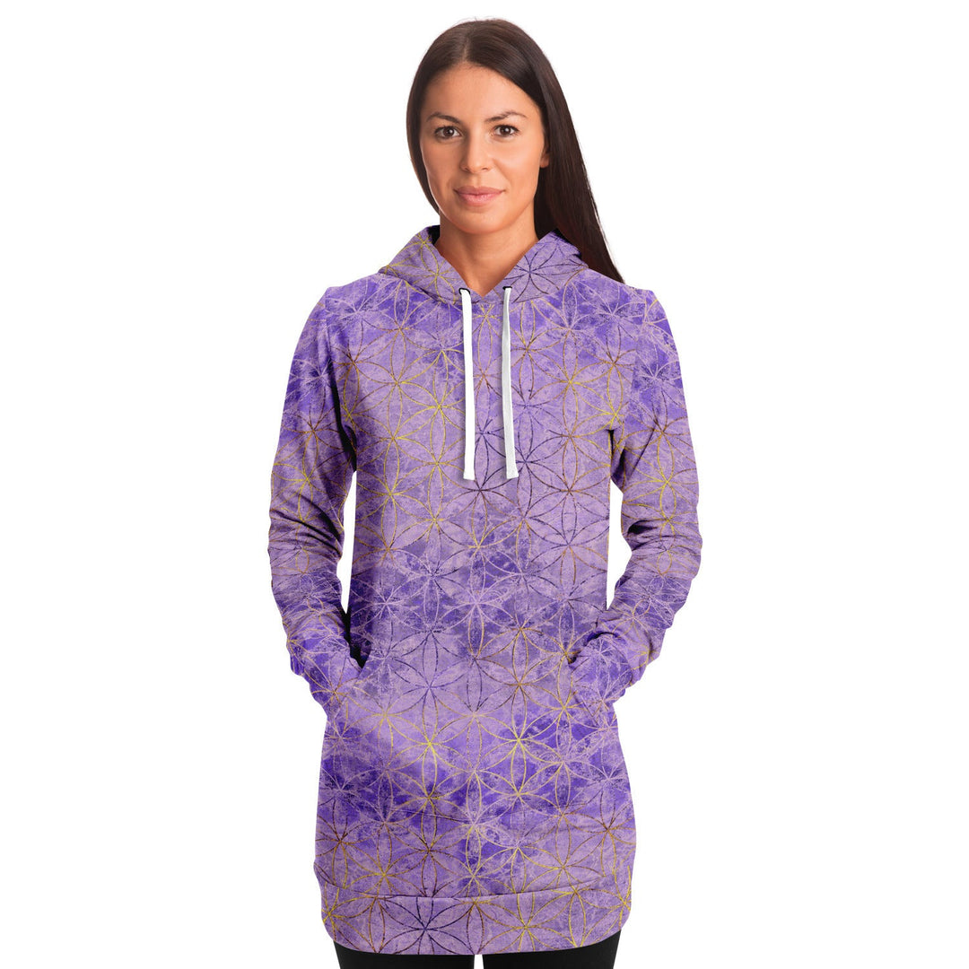 Flower of Life Violet Gold | Sacred Geometry Long Hoodie Dress, XS