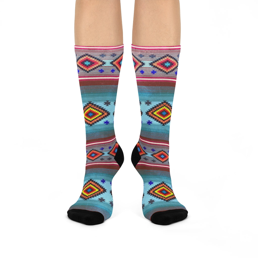 Funky Shaman Bright Blue Red | Native American Crew Socks