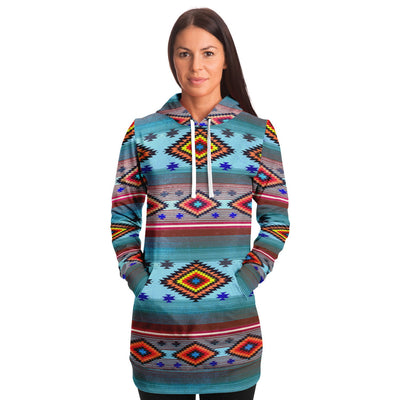 Funky Shaman Bright Blue Red | Native American Long Hoodie Dress