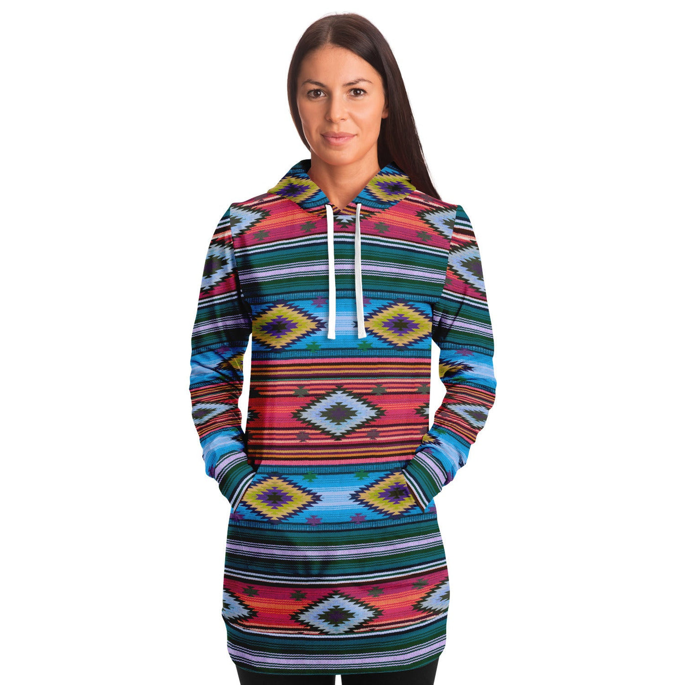 Funky Shaman Bright Blue Red | Native American Long Hoodie Dress
