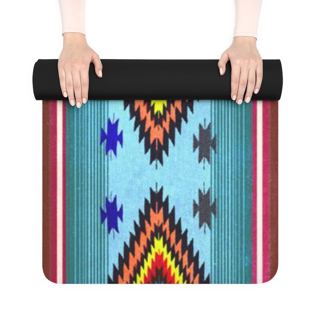 Funky Shaman Bright Blue Red | Native American Rubber Yoga Mat
