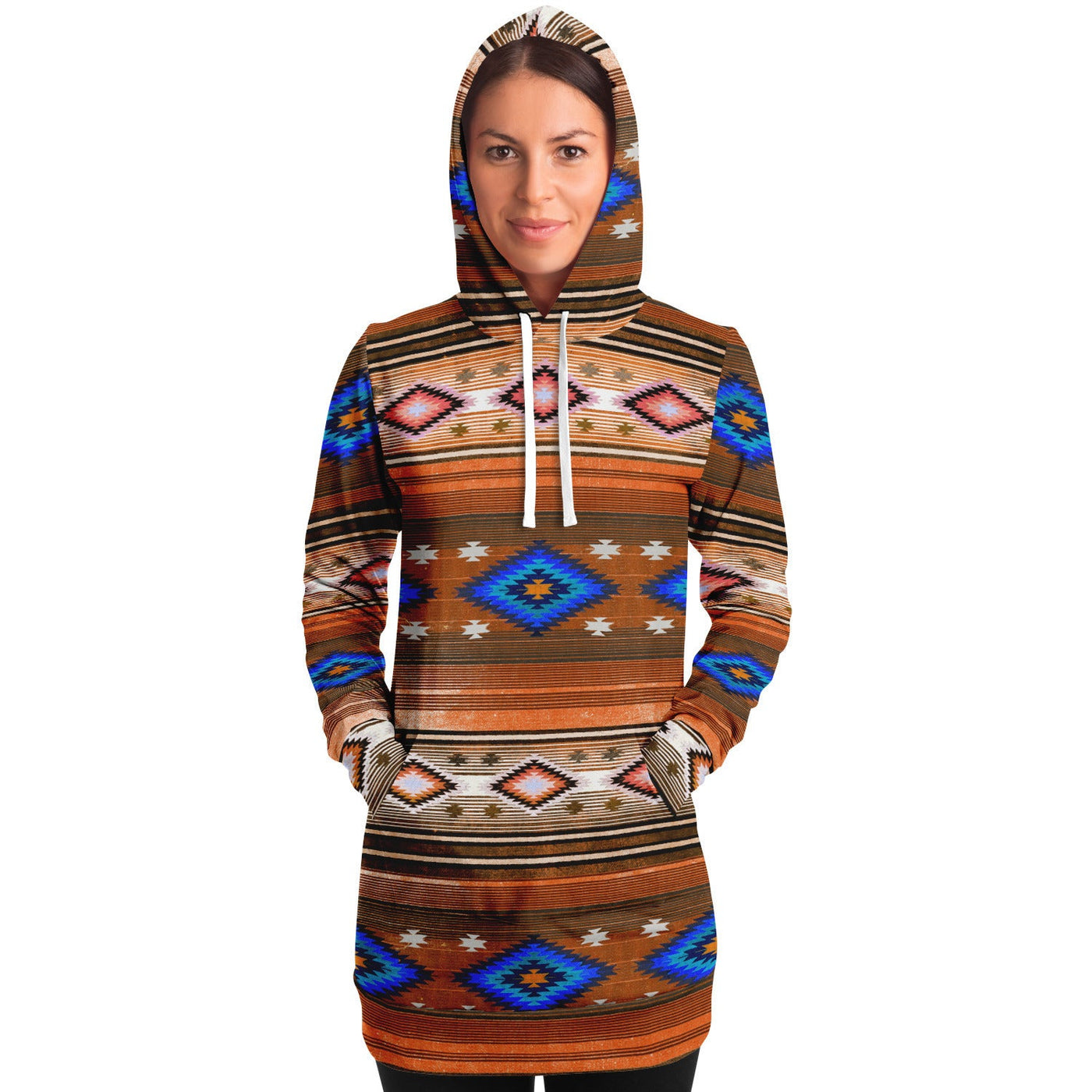 Funky Shaman Burnt Sienna Blue | Native American Long Hoodie Dress