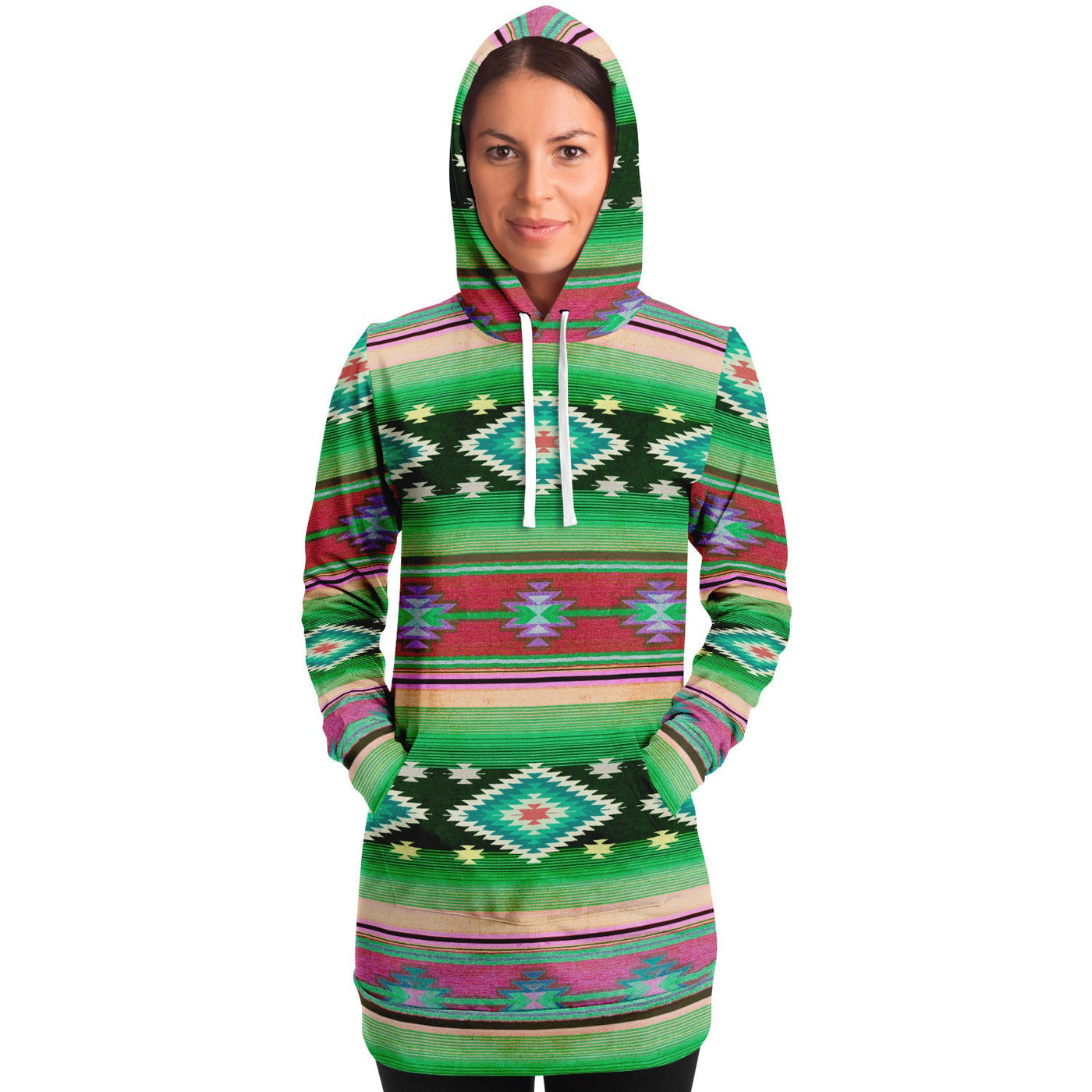 Funky Shaman Green Red | Native American Long Hoodie Dress
