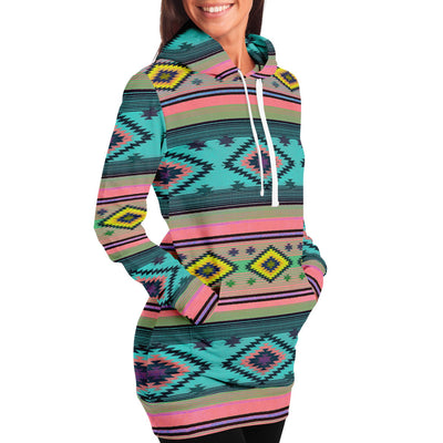 Funky Shaman Neon Pink Azure | Native American Long Hoodie Dress