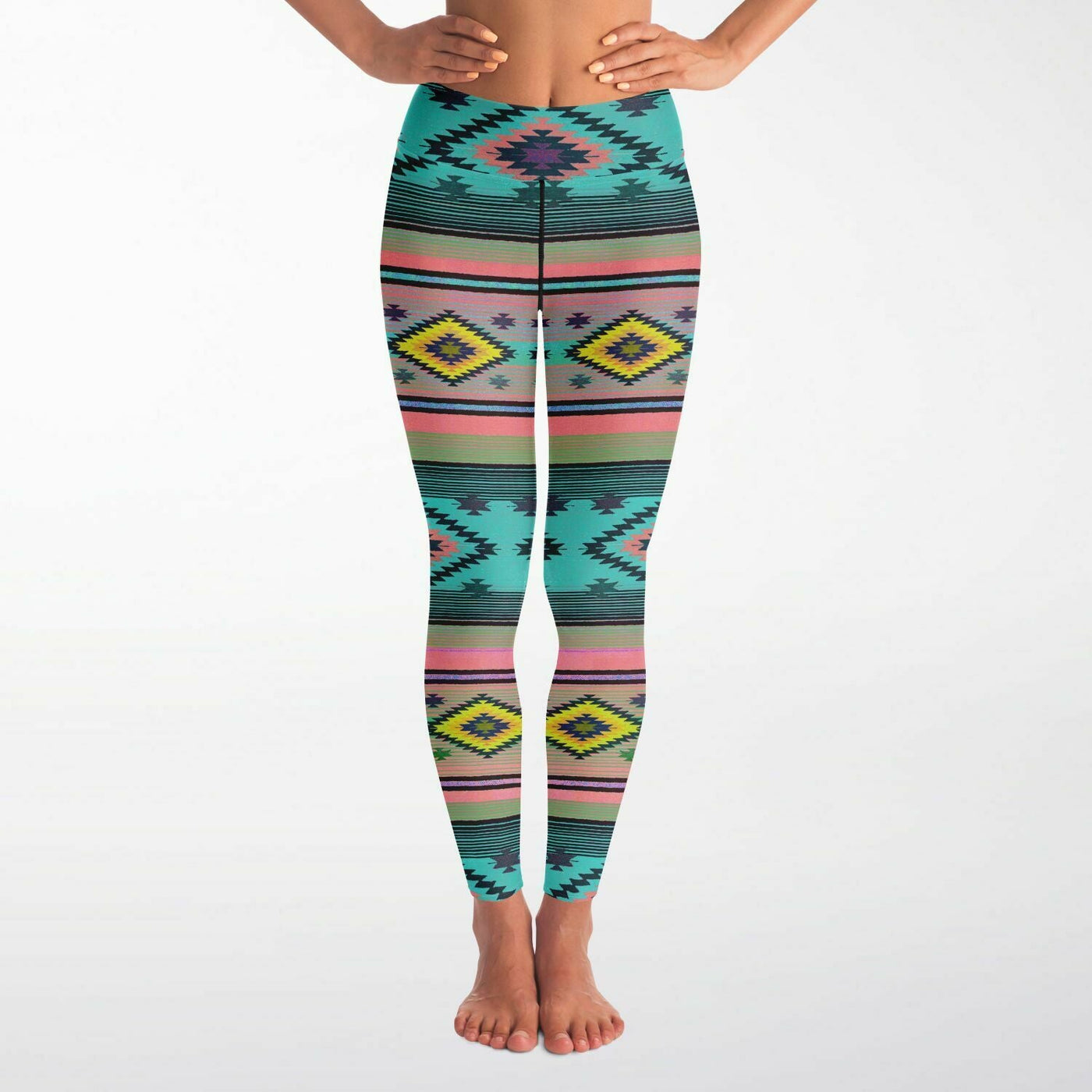 Funky Shaman Neon Pink Azure | Native American Pattern Yoga Leggings