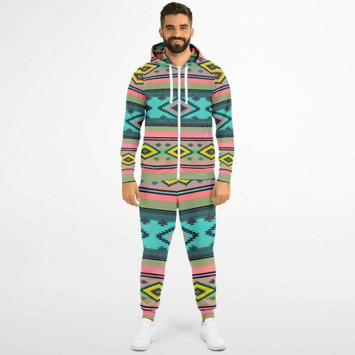 Funky Shaman Neon Pink Azure | Native American Zip Up Hoodie And Joggers Set