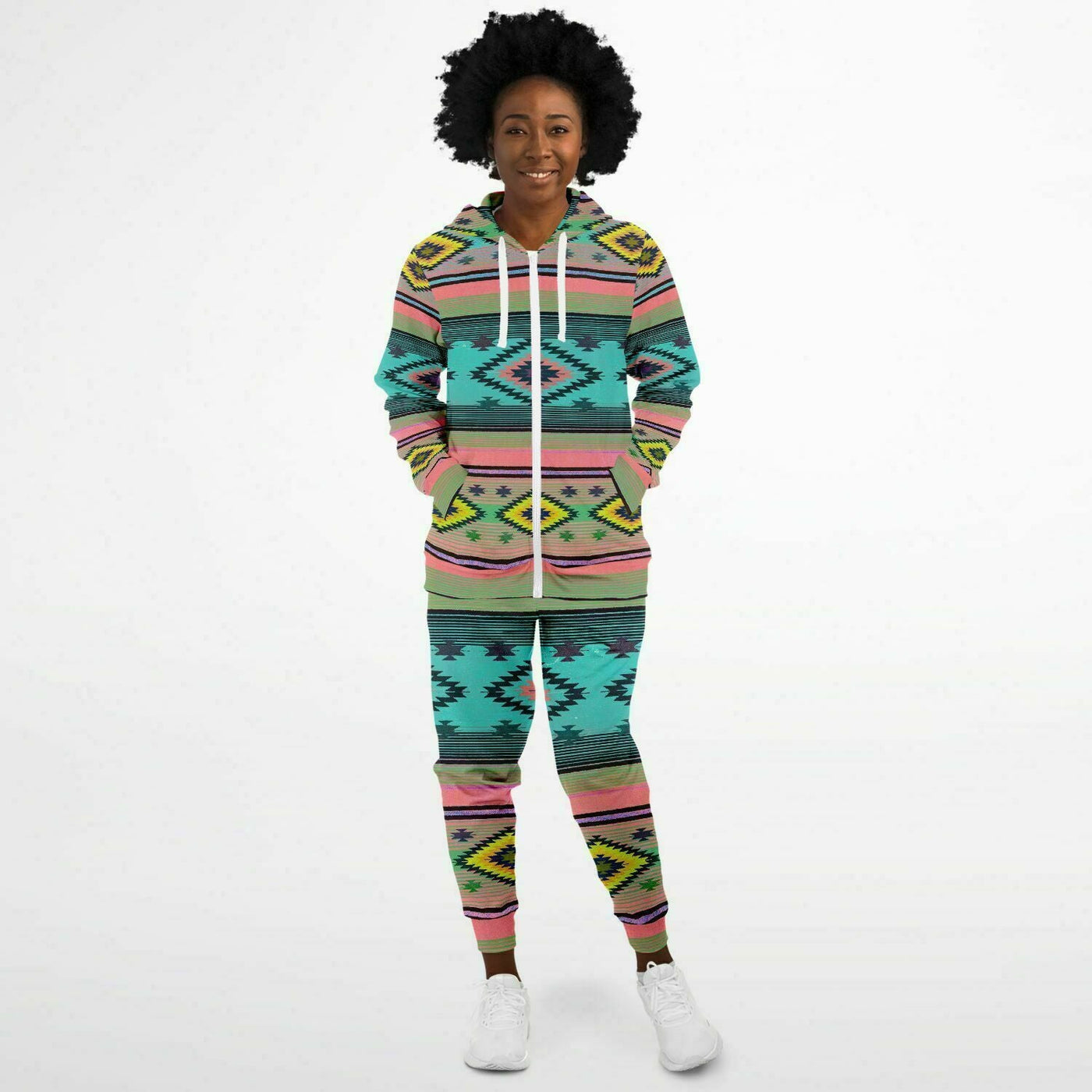 Funky Shaman Neon Pink Azure | Native American Zip Up Hoodie And Joggers Set