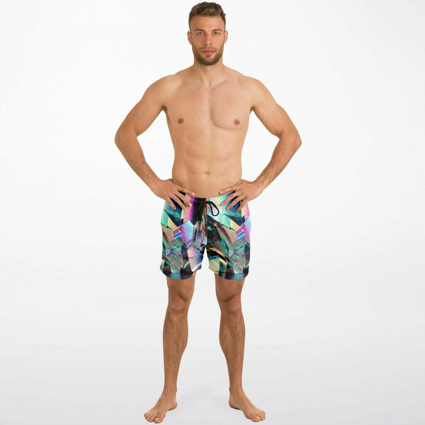 Glitchy Holographic Mirror Pattern | New Wave Men's Swim Shorts