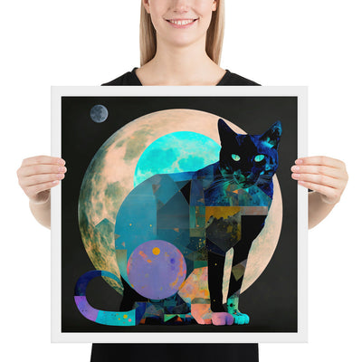"Holographic Cat Collage", Mystic Style Black Cat Portrait | Framed Poster