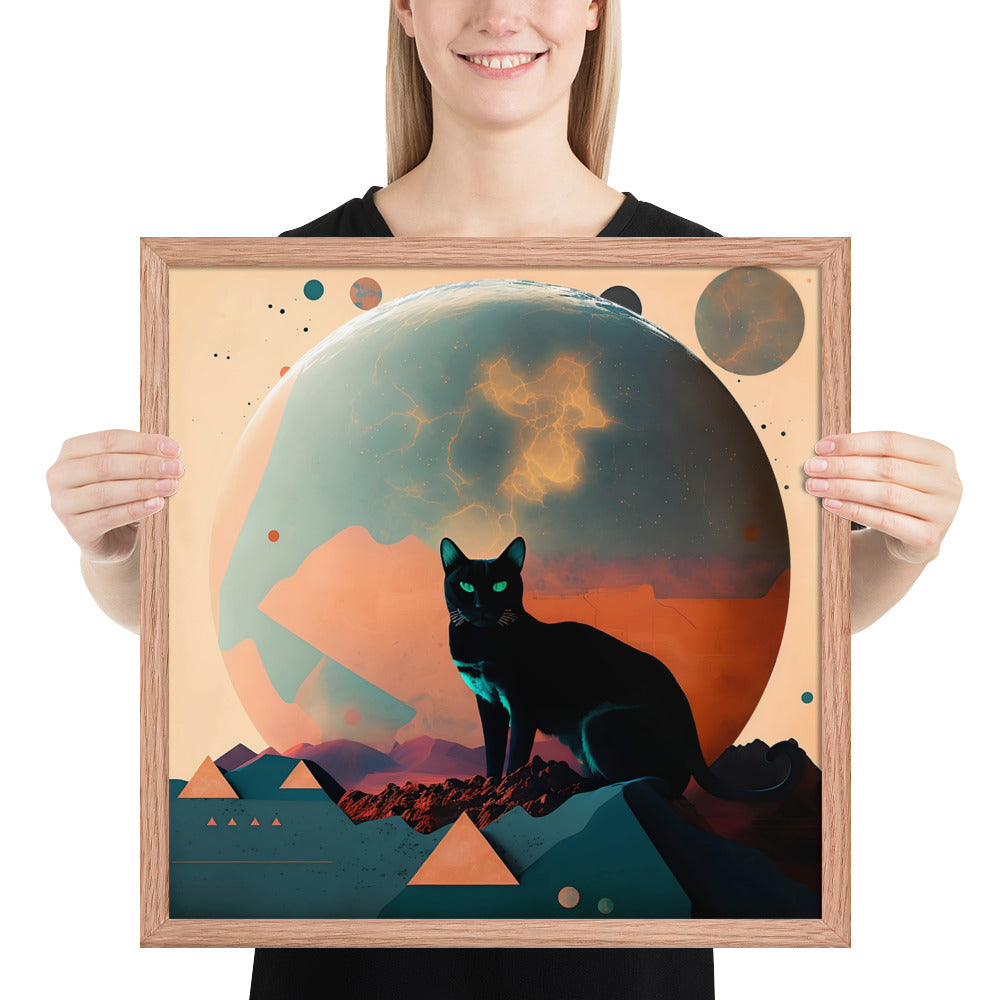 "Moon-Cat Collage", Mystic Style Black Cat Portrait | Framed Art Poster