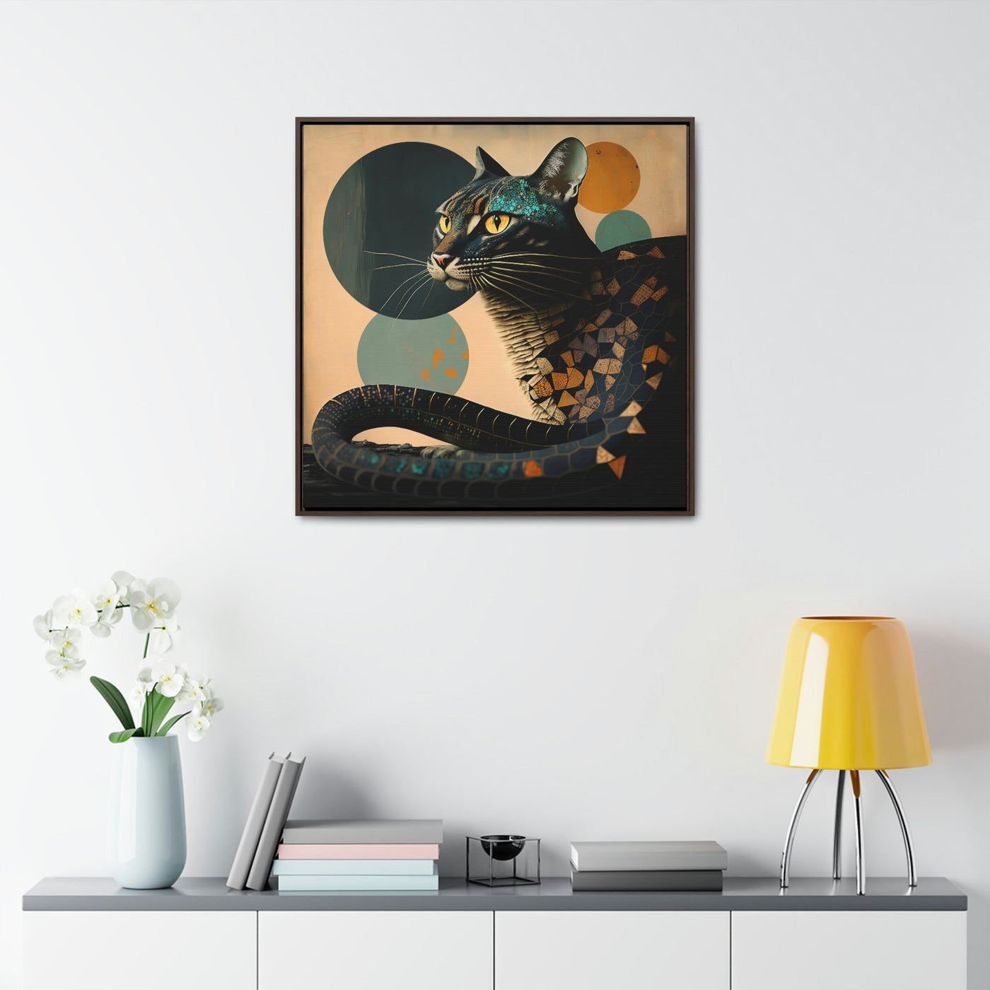 "Mystic Reptilian Cat", Elegant Art Collage | Framed Wall Canvas