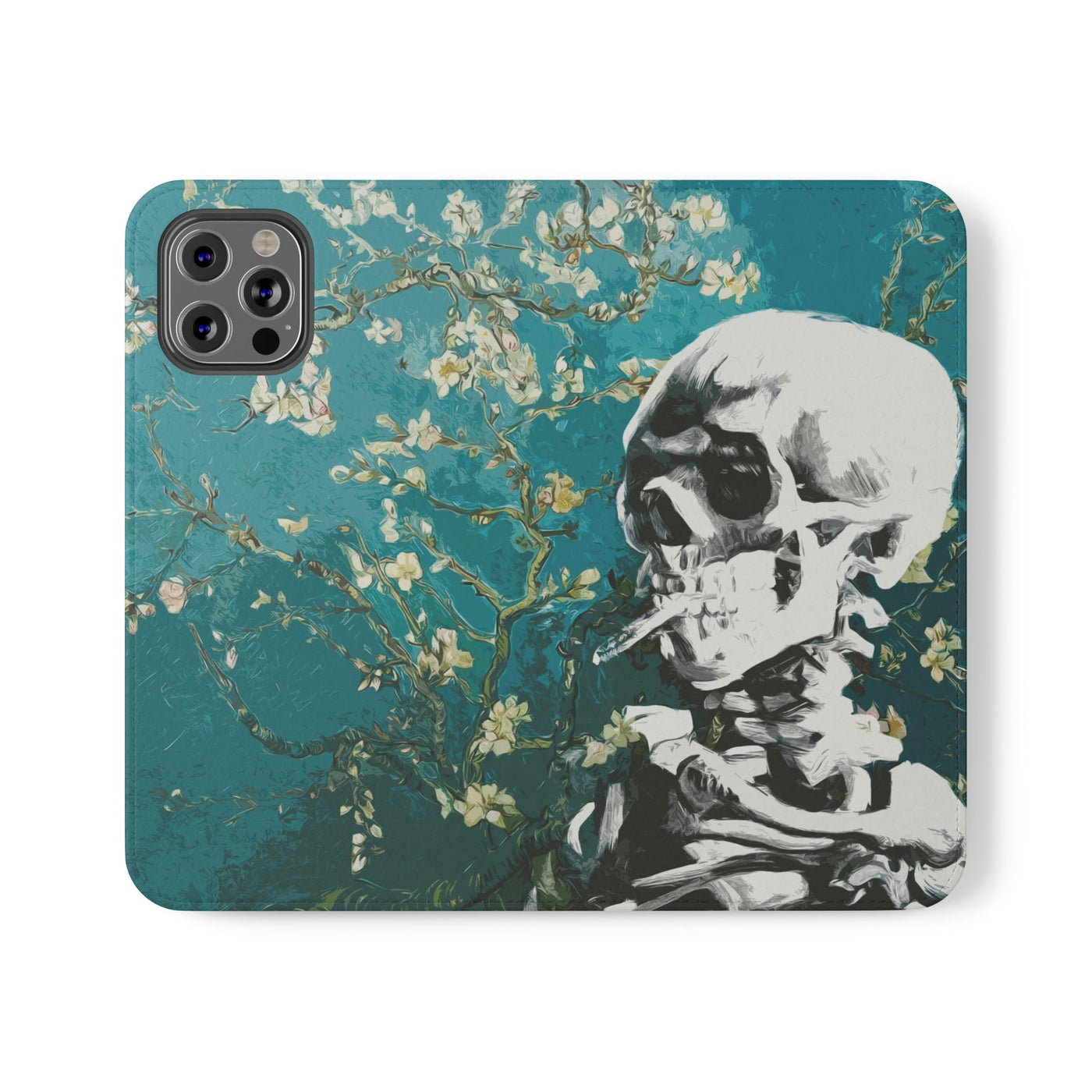 Skull With Burning Cigarette on Cherry Blossom - Van Gogh Tribute | Art Freak Flip Wallet Phone Case
