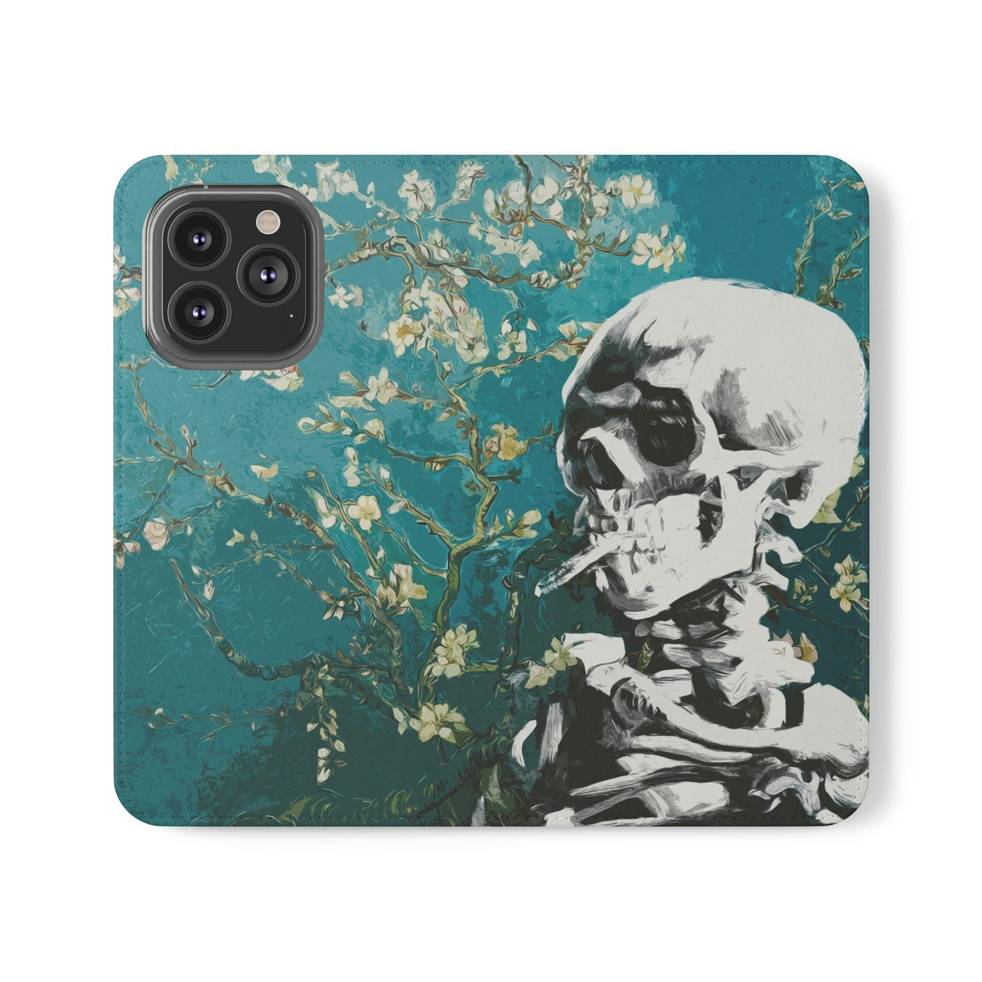 Skull With Burning Cigarette on Cherry Blossom - Van Gogh Tribute | Art Freak Flip Wallet Phone Case