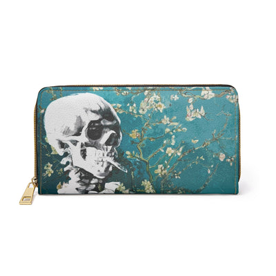 Skull With Burning Cigarette on Cherry Blossom - Van Gogh Tribute | Art Freak Zipper Wallet