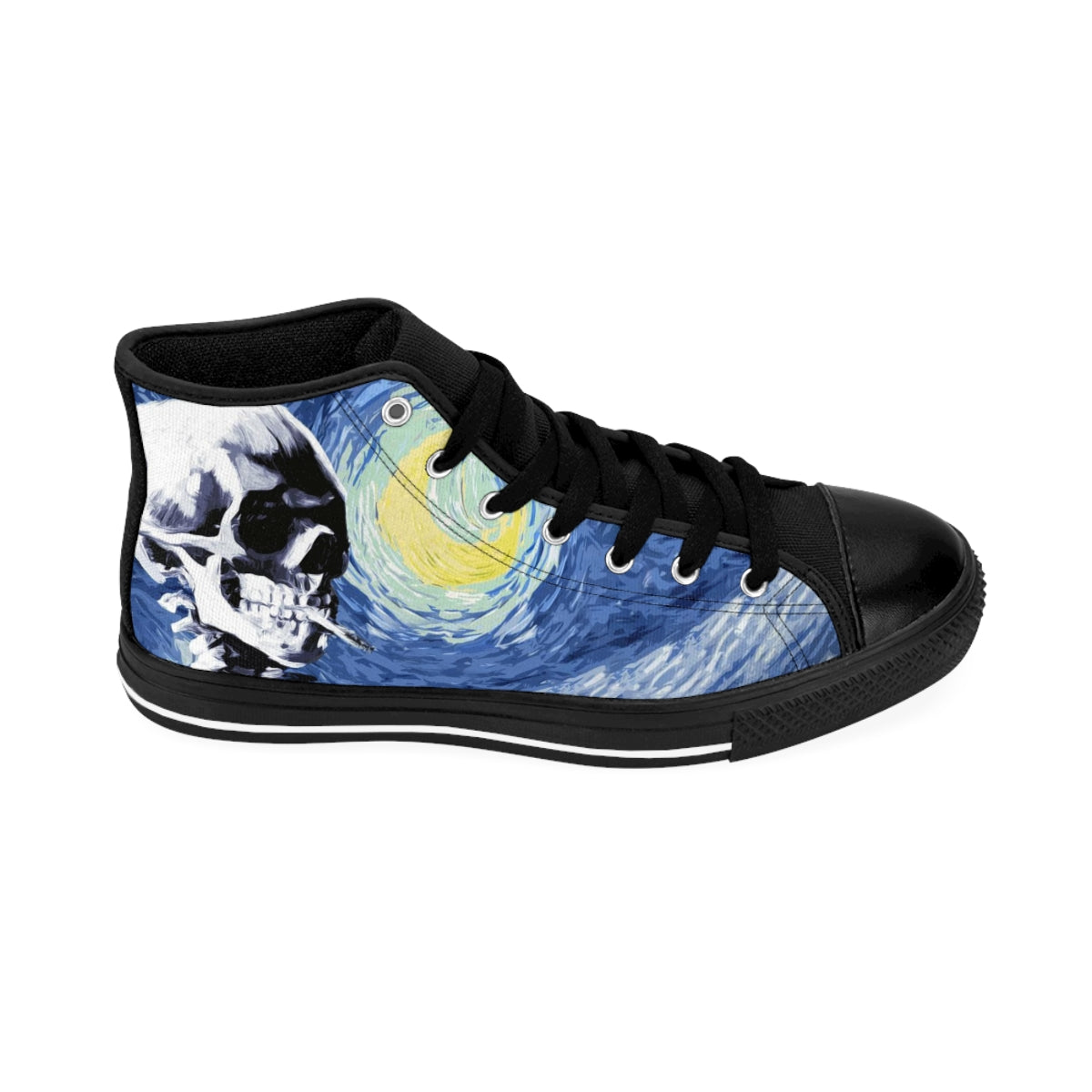Skull With Burning Cigarette on Starry Night - Van Gogh Tribute | Art Freak High Top Canvas Sneakers