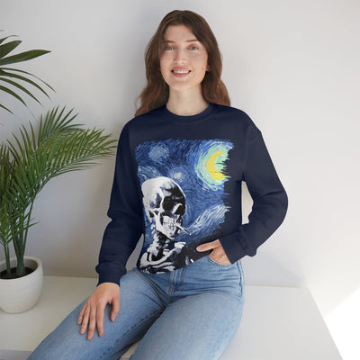 Skull With Burning Cigarette on Starry Night - Van Gogh Tribute | Art Freak Sweatshirt