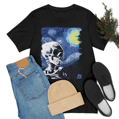Skull With Burning Cigarette on Starry Night - Van Gogh Tribute | Art Freak T-shirt