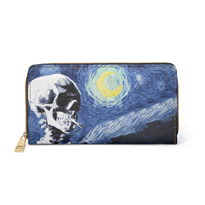 Skull With Burning Cigarette on Starry night - Van Gogh Tribute | Art Freak Zipper Wallet