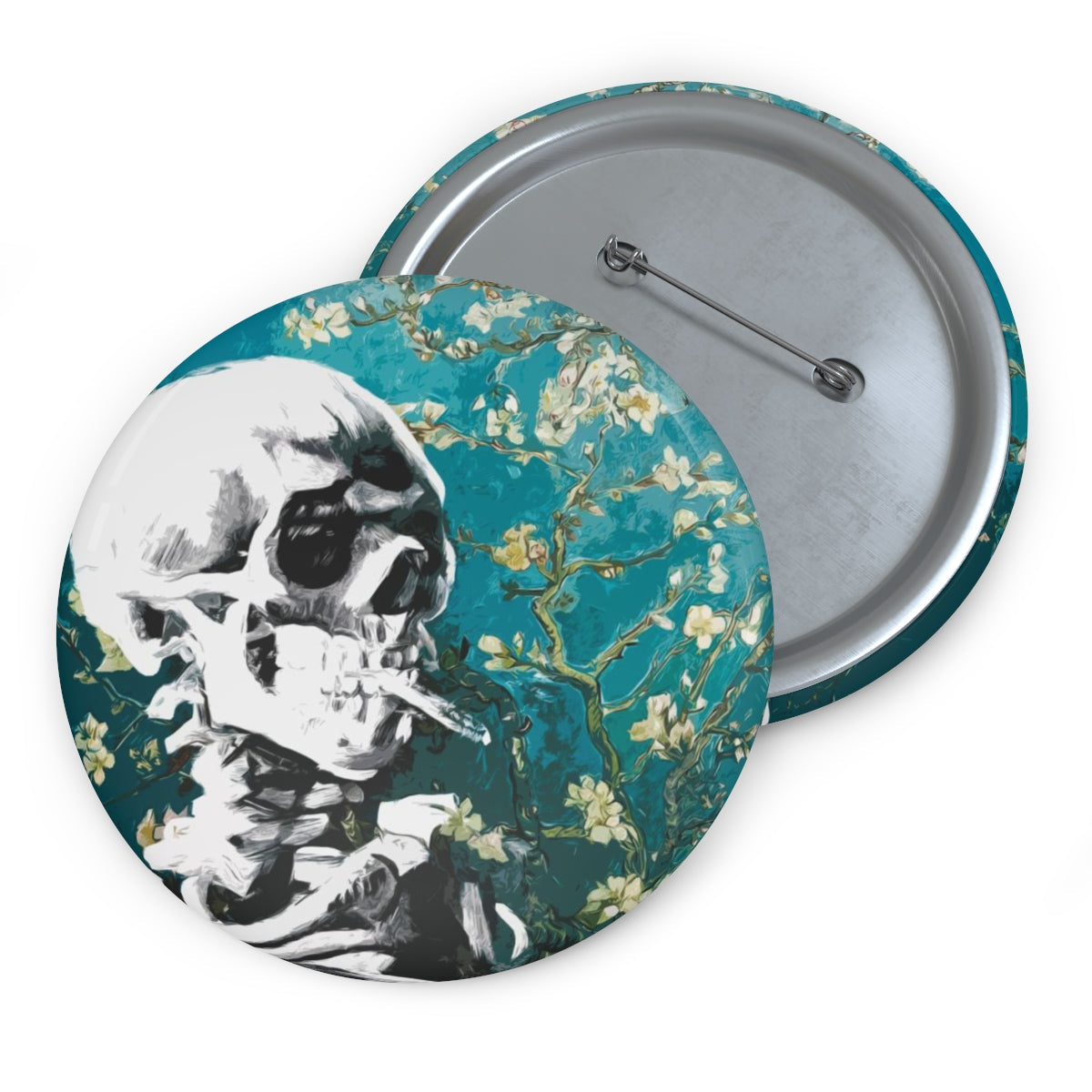 Skull with Burning Cigarette on Cherry Blossom - Van Gogh Tribute | Pin Button
