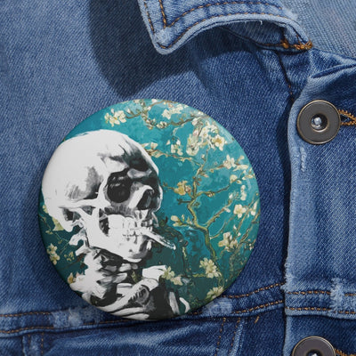 Skull with Burning Cigarette on Cherry Blossom - Van Gogh Tribute | Pin Button