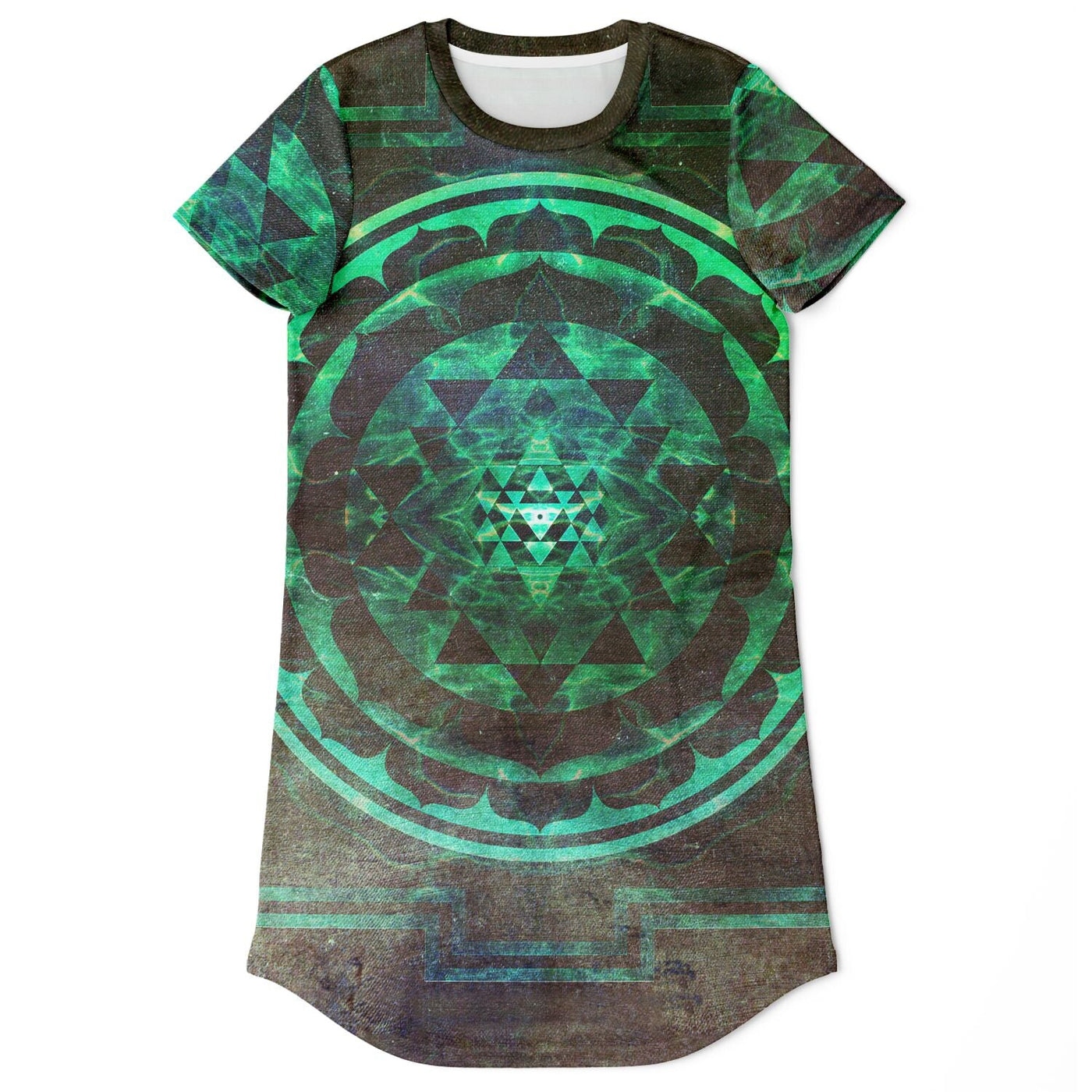 Sri Yantra Spirit Green | Spiritual Meditation Long T-Shirt Dress