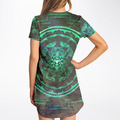Sri Yantra Spirit Green | Spiritual Meditation Long T-Shirt Dress