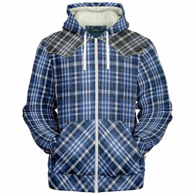 Street Cowboy Sherpa Lined Hoodie with Blue Western Shirt Pattern | TimeElements.shop