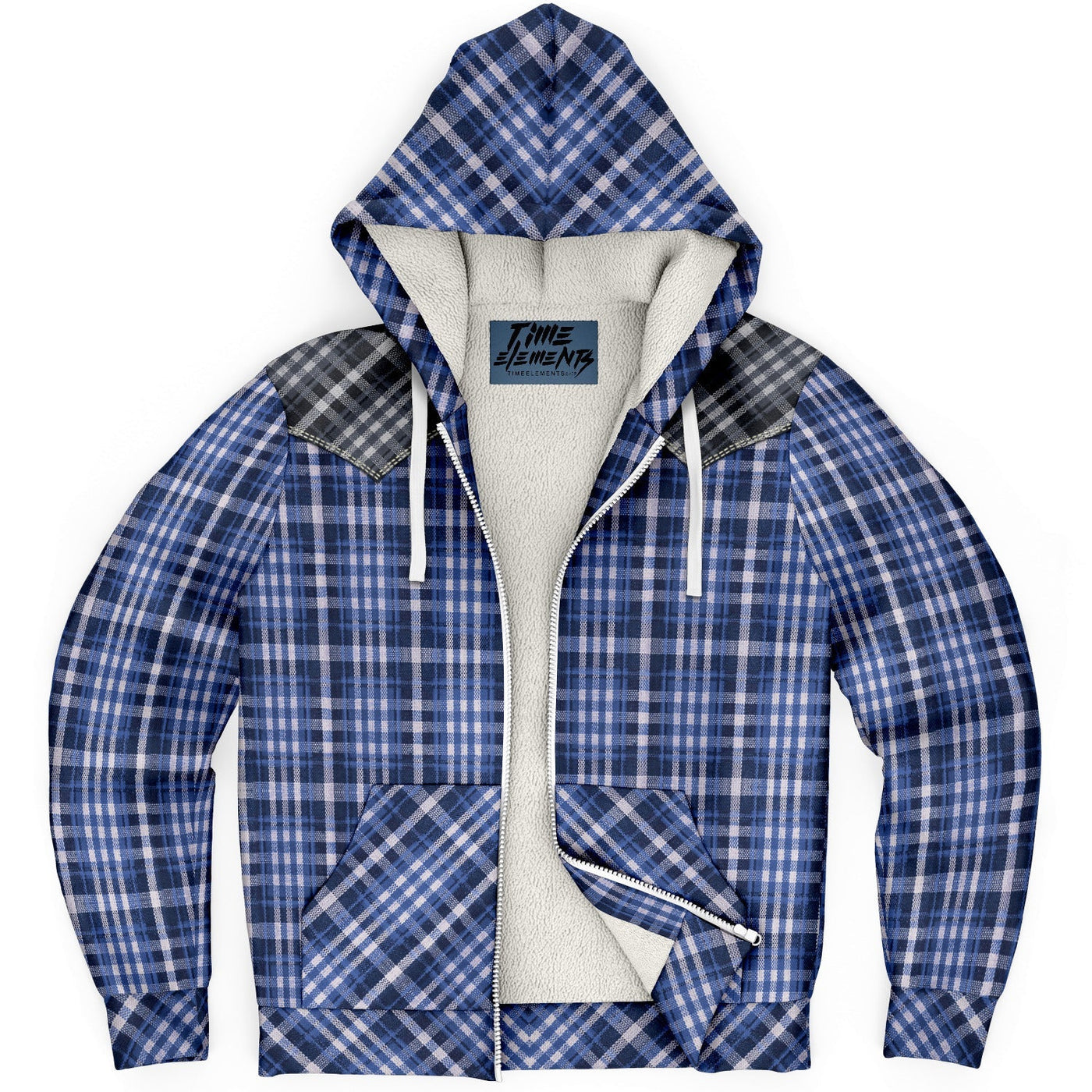Street Cowboy Sherpa Lined Hoodie with Blue Western Shirt Pattern | TimeElements.shop